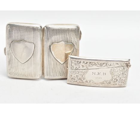 A SILVER CIGARETTE CASE AND A CARD CASE, the cigarette case with an engine turned design pattern and a vacant shield shaped c