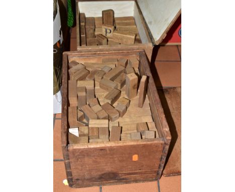 TWO WOODEN BOXES OF VINTAGE WOODEN BUILDING BLOCKS, a large quantity of blocks in assorted shapes and sizes, all in play worn