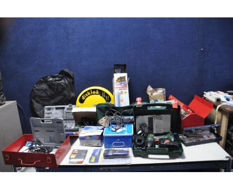 A BOSCH PSR18 CORDLESS DRILL, a Hilka hot glue gun and stapler set, an unbranded electric Stapler, a Rally sander (all PAT pa