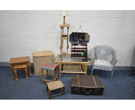 A QUANTITY OF OCCASIONAL FURNITURE, to include a pair of leatherette stools, a bamboo glass top coffee table, wig stand, wick