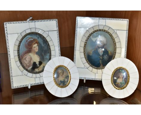 FOUR EARLY 20TH CENTURY OVAL PORTRAIT MINIATURES, all in the late 18th/ early 19th century style, comprising two overpainted 
