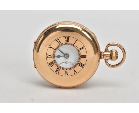 A 9CT GOLD HALF HUNTER POCKET WATCH, round white dial, Roman numerals, seconds subsidiary dial at the six o'clock position, b