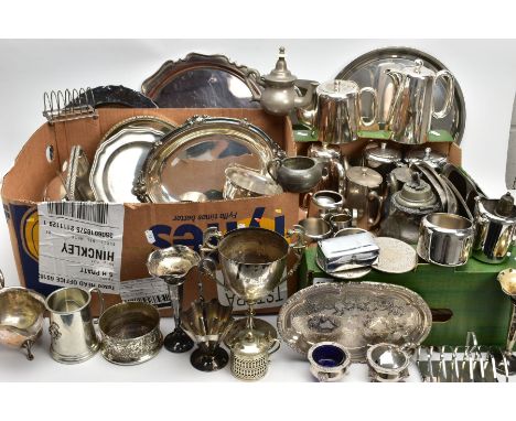 TWO BOXES OF ASSORTED WHITE METAL WARE, to include various white metal trays, entree dishes, two gravy boats with wavy rims a