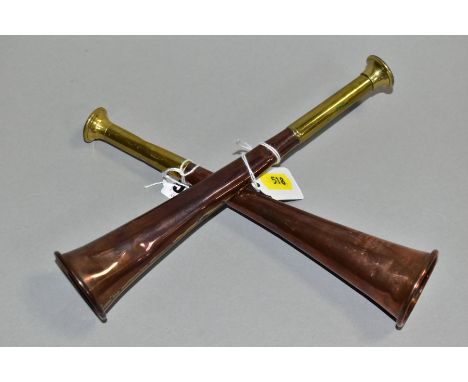 TWO LATE VICTORIAN/ EDWARDIAN KOHLER &amp; BON COPPER AND BRASS HUNTING HORNS, both stamped with makers names and addresses i