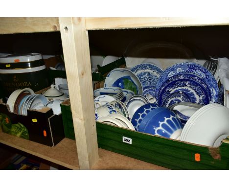 FOUR BOXES AND LOOSE CERAMIC DINNERWARES ETC, to include a box of blue and white ceramics including Spode's Italian, Burleigh