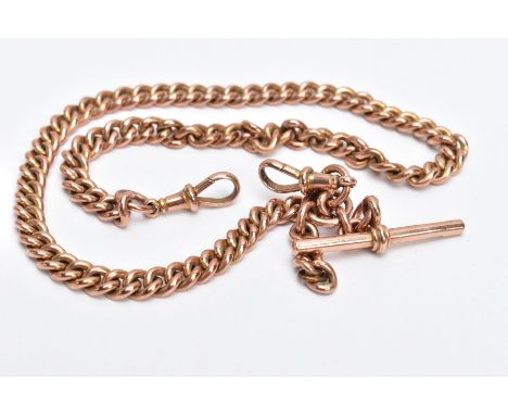 A 9CT GOLD WATCH CHAIN, curb link chain fitted with two swivel clasps, also suspending a T-bar, each link, clasp and T-bar st