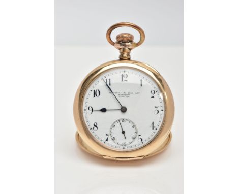 A ROLLED GOLD OPEN FACE POCKET WATCH, round white dial signed 'Fattorini &amp; Sons Ltd, Westgate, Bradford', Arabic numerals