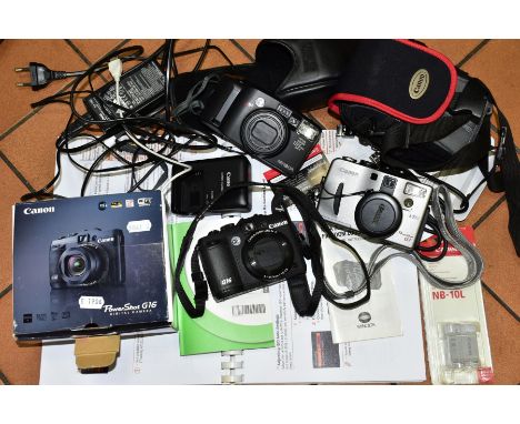 A BOX OF CAMERAS AND PHOTOGRAPHIC EQUIPMENT, to include a boxed Canon Powershot G16 with cable, battery charger (requires int