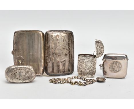 A SILVER CIGARETTE CASE, SOVEREIGN CASE, TWO VESTAS AND A BRACELET, the cigarette case of a rounded rectangular form, engine 
