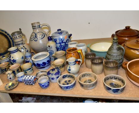 A QUANTITY OF SALT GLAZED STONEWARE AND OTHER CERAMIC WARES, to include approximately forty six pieces, blue and white salt g