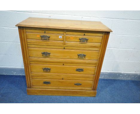 AN EDWARDIAN LIGHT OAK CHEST OF TWO SHORT OVER THREE LONG DRAWERS, width 104cm x depth 48cm x height 103cm
