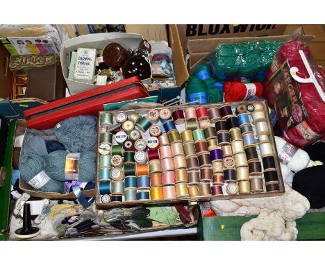 SIX BOXES OF YARN, THREADS, HABERDASHERY AND SEWING ITEMS, many mid twentieth century or earlier to include approximately nin