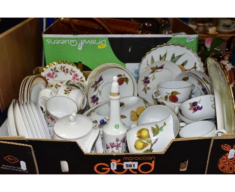 TWO BOXES OF CERAMICS, METALWARES AND HANDBAGS, to include twenty pieces of Royal Worcester Evesham (including a tureen, a fl