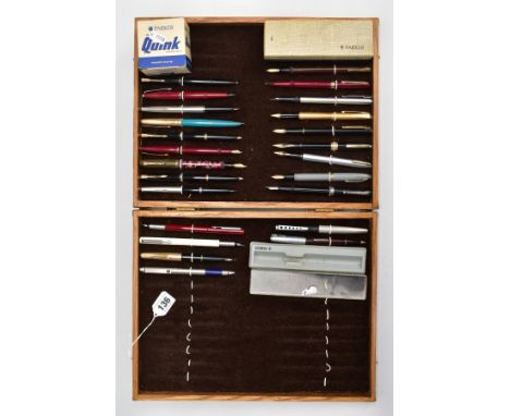 TWENTY FOUR VINTAGE AND MODERN FOUNTAIN PENS BY PARKER , MONT BLANC, WATERMANS AND SHEAFFER in a bespoke hinged wooden displa