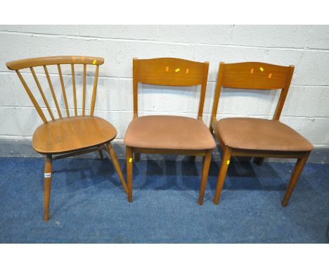 AN ERCOL MODEL 449 ELM AND BEECH WINDSOR BOW TOP CHAIR, along with two stateroom teak chairs (3)