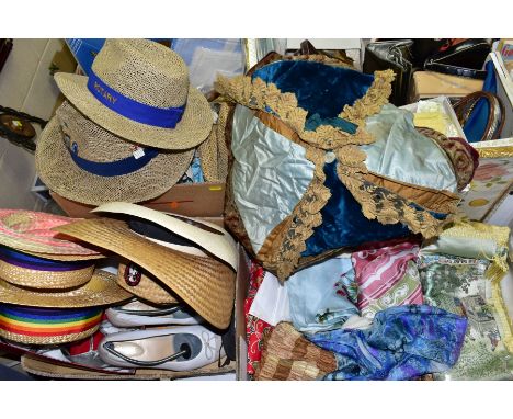 FOUR BOXES AND LOOSE MENS AND LADIES HATS, HANDBAGS, SHOES, SCARVES AND HOUSEHOLD LINENS, to include a Lincoln Bennett grey t