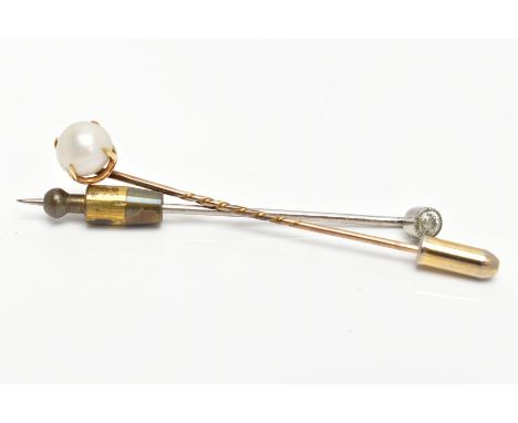 TWO EARLY 20TH CENTURY GEM SET STICK PINS, one white metal and diamond milgrain set stick pin, estimated total diamond weight