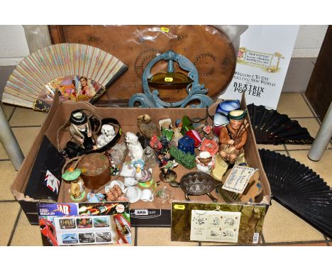 A BOX OF CERAMICS, GLASS, METALWARE, THREE ROYAL MINT STAMP PACKS, A BAGATELLE BOARD, ETC, including a metal and glass hangin