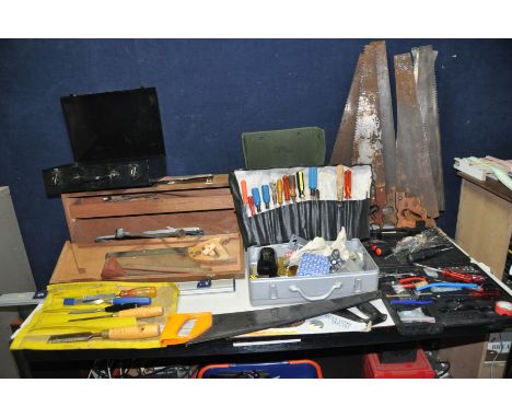 A CARPENTERS TOOLBOX, A CASED TOOLSET and two boxes of hand tools and hardware including six vintage saws, Marples chisels, a