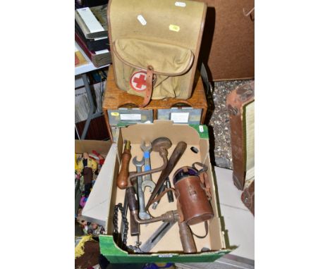 A BOX OF ASSORTED TOOLS AND MONOCULAR, A CANVAS FIRST AID BAG AND A TABLE TOP OAK FOUR DIVISION FILING SHELF, the box contain