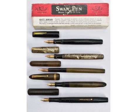 FIVE VINTAGE SWAN FOUNTAIN PENS BY MABIE TODD AND CO. comprising of a boxed black Leverless (brassing to clip), a black Self 
