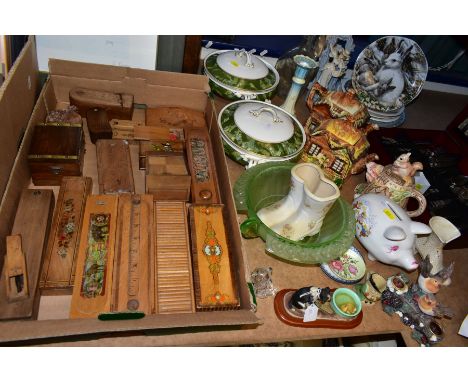 A BOX AND LOOSE PENCIL BOXES, CUTLERY, COINS, CERAMICS AND GLASSWARES, to include eight wooden pencil boxes, other boxes cont