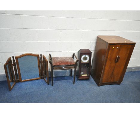 A VINTAGE HIS MASTERS VOISE WALNUT GRAMOPHONE CABINET, with a vacant interior, width 53cm x depth 53cm x height 97cm, along w