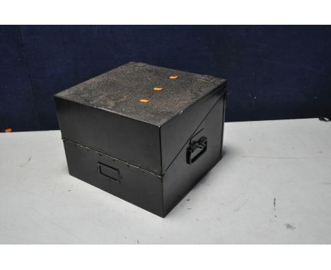 A VINTAGE METAL DEED BOX with an angle lid