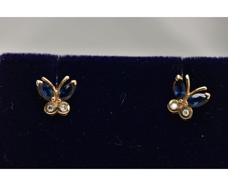 A PAIR OF 9CT GOLD SAPPHIRE AND DIAMOND EARRINGS, each of a butterfly form, set with two marquise cut blue sapphires and two 