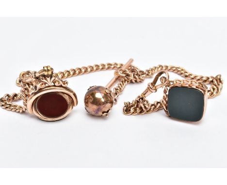 A 9CT GOLD WATCH CHAIN WITH T-BAR, TWO FOBS AND A MASONIC BALL, graduated curb link chain, fitted with two lobster hook clasp