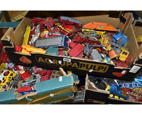 A QUANTITY OF UNBOXED AND ASSORTED PLAYWORN DIECAST VEHICLES, majority are 1970's Corgi Toys in various states of repair (3 b