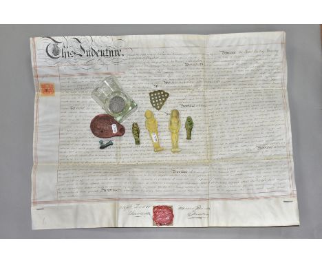 A BOX CONTAINING A MORTGAGE, A GLASS AND A SMALL BOX OF ARTEFACTS, comprising a mortgage for the Lemon Tree Inn, Beacon Stree