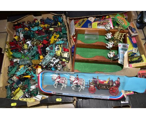 TWO BOXES OF DIE CAST VEHICLES IN BOXES AND LOOSE, mostly in play worn condition, includes Matchbox Models of Yesteryear, Lle