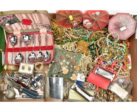 A BOX OF ASSORTED ITEMS, to include a white metal pendant and ring, both stamped sterling, two harmonicas, a selection of bea