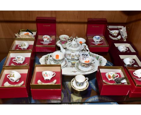 A COLLECTION OF BOXED CAVERSWALL MINIATURE CUPS AND SAUCERS AND OTHER MINIATURE TEAWARES, including two Royal Albert miniatur