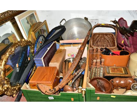 TWO BOXES AND LOOSE TREEN, METALWARES, MIRRORS, TOOLS AND SUNDRY ITEMS, to include a wicker shopping basket, a jam kettle, a 