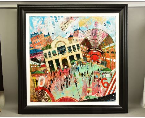 RICHARD BUREL (FRANCE 1974) 'COVENT GARDEN MARKET', a colourful London scene, signed bottom right, mixed media on canvas, app