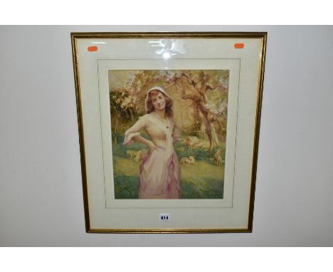 WALTER HERBERT ALLCOTT (1880-1951)  'SPRING, STUDY FOR PICTURE', a three-quarter length portrait of a female figure standing 
