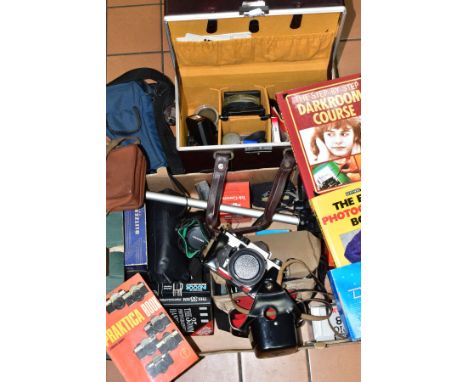 A BOX OF CAMERAS. PHOTOGRAPHIC EQUIPMENT AND BOOKS, to include a Praktica LTL SLR camera with Oreston f1.8 50mm lens, a Kestr