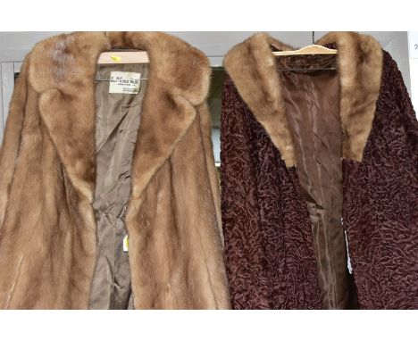 TWO  LADIES BROWN FUR COATS, to include a light brown fur with label for L Marks of Wolverhampton, approximate size 12/14 and