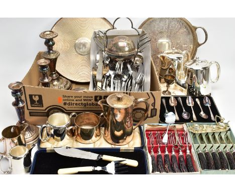 A BOX OF WHITE METAL ITEMS, to include a cased set of six EPNS teaspoons, a cased fish knife and fork server, each fitted wit