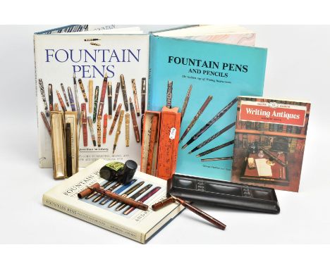 FOUR VINTAGE FOUNTAIN PENS, BOOKS AND WRITING EQUIPMENT, comprising of a De La Rue Onoto The pen in orange, an Onoto the Pen 