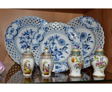 THREE MEISSEN BLUE AND WHITE ONION PATTERN PLATES AND FOUR OTHER ITEMS OF CONTINENTAL PORCELAIN, comprising a pair of 24cm di