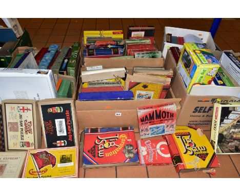 FIVE BOXES OF VINTAGE AND SOME MODERN JIGSAW PUZZLES, approximately sixty eight jigsaws by manufacturers including Victory, W