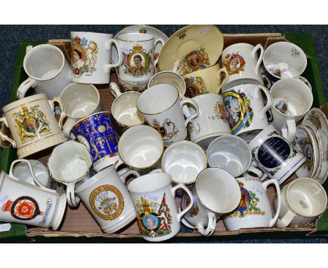 A BOX OF ROYAL COMMEMORATIVE CERAMIC WARES, to include over thirty pieces, two mugs designed by Dame Laura Knight for the Cor