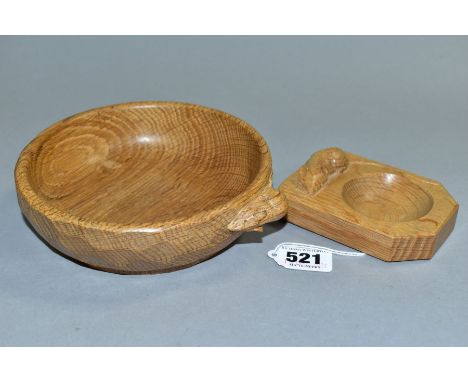 A ROBERT THOMPSON MOUSEMAN OAK NUT BOWL AND ASHTRAY, bowl diameter 15.5cm, ashtray length 10.5cm x width 7.5cm (Condition rep