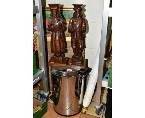 A PAIR OF CARVED OAK CORBELS OF MALE AND FEMALE MUSICIANS  TOGETHER WITH THREE PICTURES AND A PEDAL BIN, the figures mounted 
