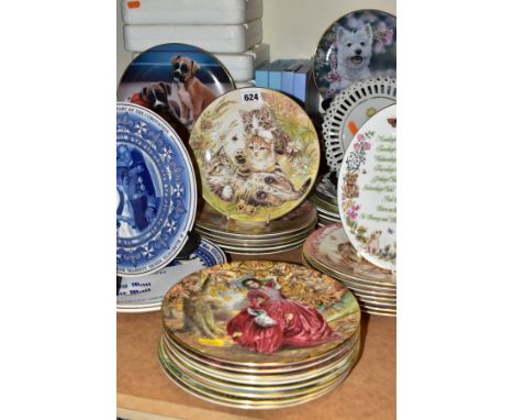 FIFTY FOUR COLLECTORS PLATES, with thirteen boxes, themes to include royalty, cats, dogs, children, fruit, flowers and a set 