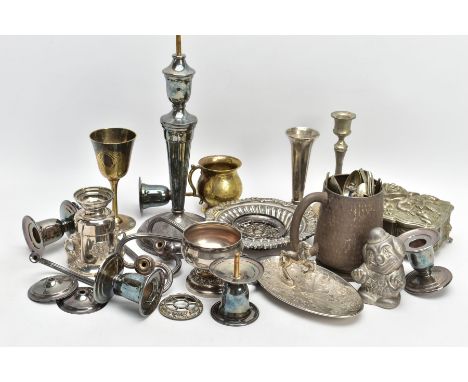 A BOX OF ASSORTED WHITE METAL WARE, to include a white metal hammer effect tankard, candle sticks, a dismantled three branch 