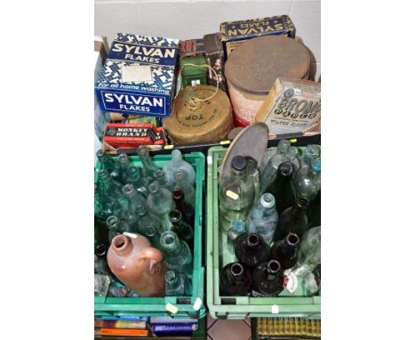 THREE OF VINTAGE HOUSEHOLD CLEANING PRODUCTS AND GLASS BOTTLES ETC, to include boxes of Sylvan Flakes, Monkey Brand soap, Per